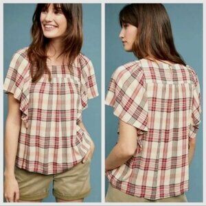 Anthropologie Maeve Priscilla‎ Plaid Flutter Sleeve Top Size Small